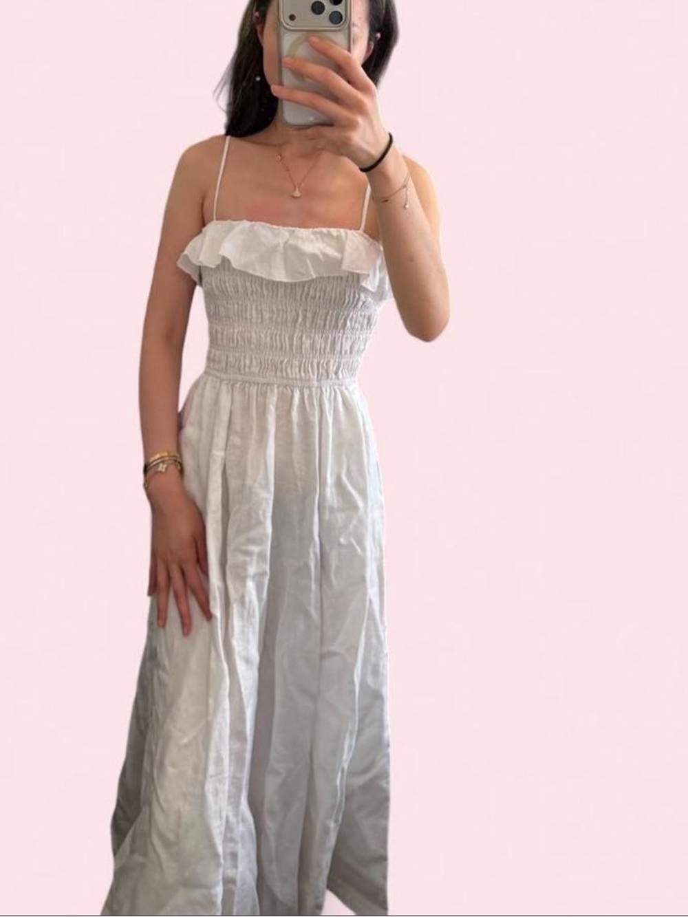 Aritzia White Smocked Maxi Dress with Ruffle Neckline